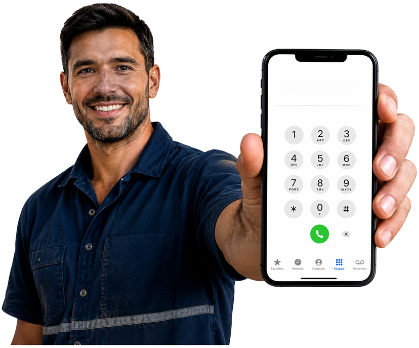 Winston Hills Blocked Drains plumber holding a phone — call 1300 261 965