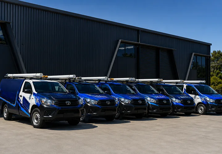 Our plumbing vans lined up before a Winston Hills shift