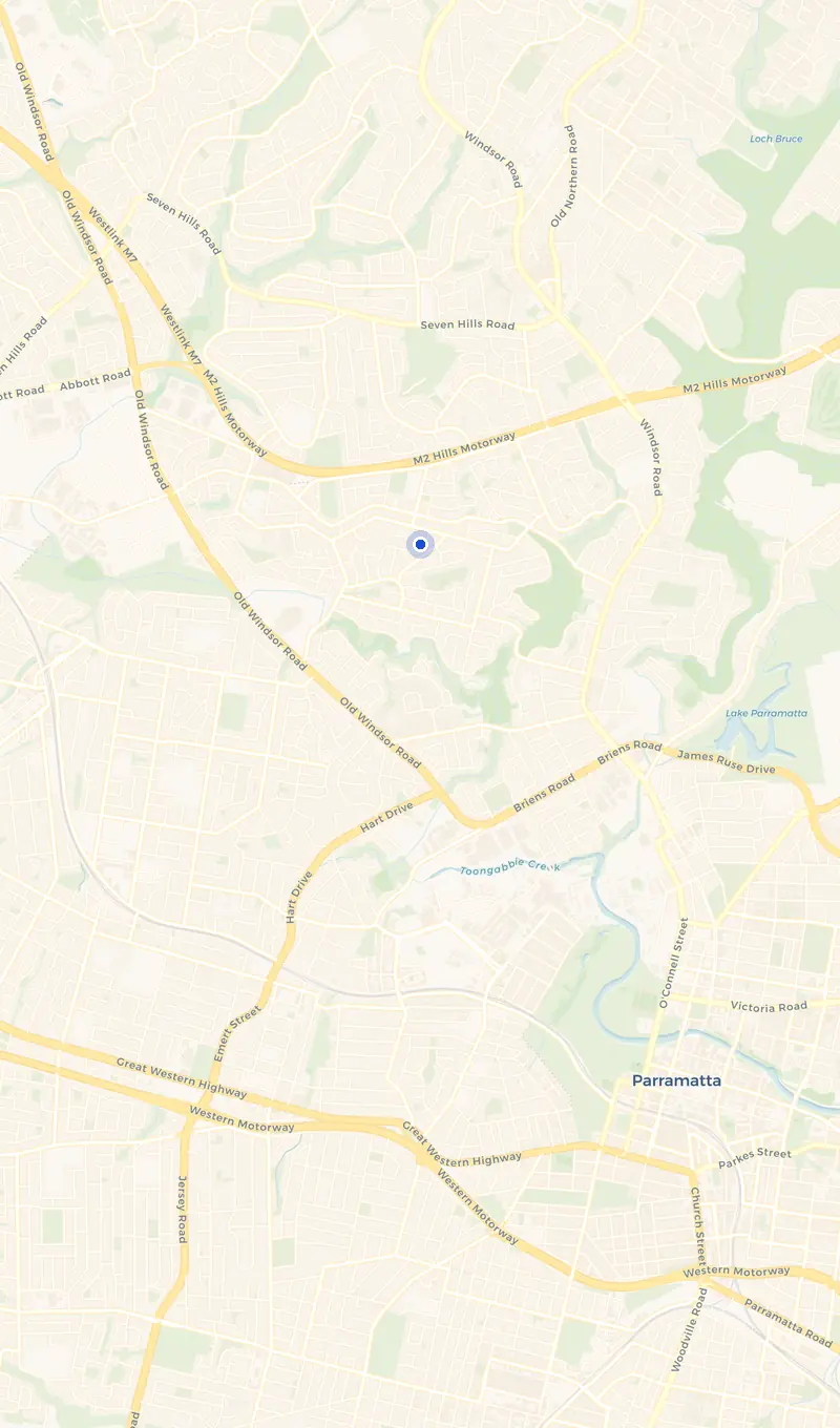 Map of the Winston Hills service area and the surrounding suburbs we cover.