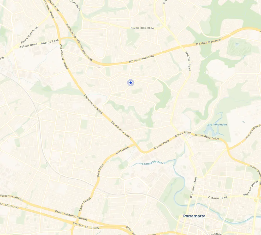 Map of the Winston Hills service area and the surrounding Hills District, showing Winston Hills and the nearby streets we cover.