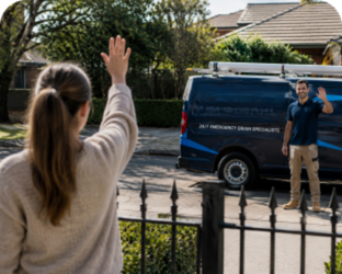 Customer waving goodbye to a Winston Hills Blocked Drains plumber